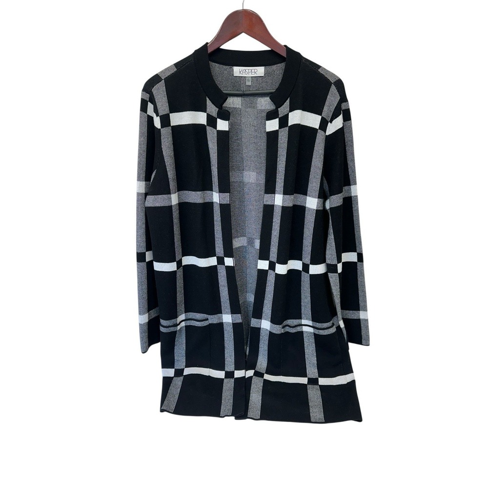 Kasper Women's Black White Check Long Sleeve Open Cardigan Sweater Size Large